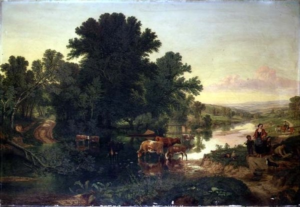 Skogbevuxen flodlandskap med boskapsbevattning av Henry William Banks Davis