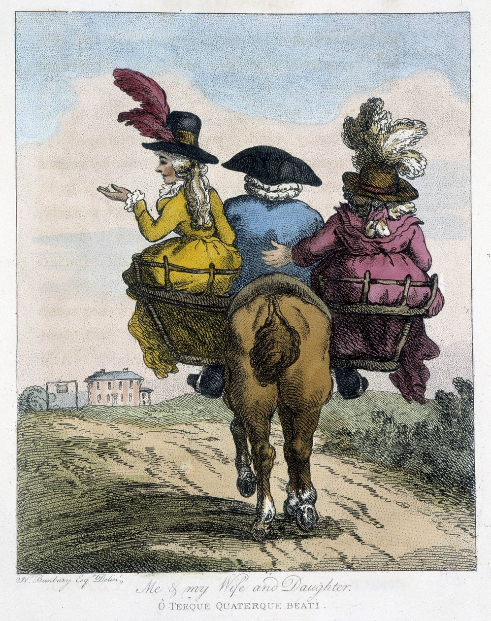 Jag med min fru och min dotter - i "" engelska karikatyrer om sättet att rida på en häst", ill. av H.W. Bunbury, red. John Stockdale av Henry William Bunbury
