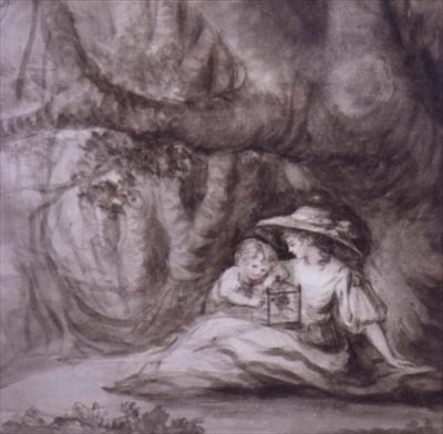 Sittande kvinna och barn med en fågel i bur, (teckning) av Henry William Bunbury