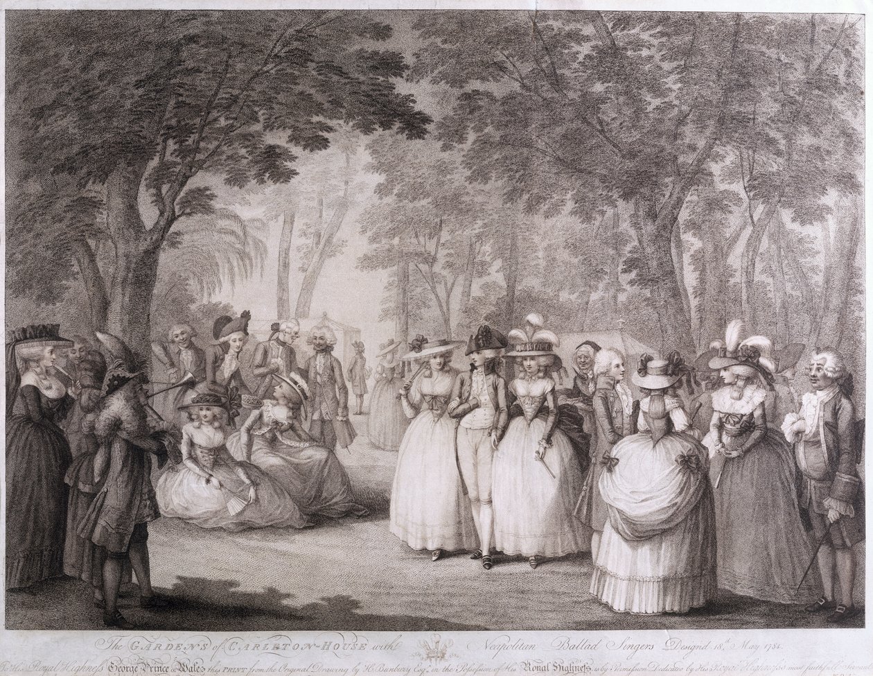 The Gardens of Carlton House med napolitanska balladsångare, graverade av William Dickinson (1746-1823), 1784 av Henry William Bunbury