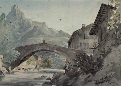 Bron vid Sallanches och Aiguille de Varens, (Varennes) av Henry William Burgess