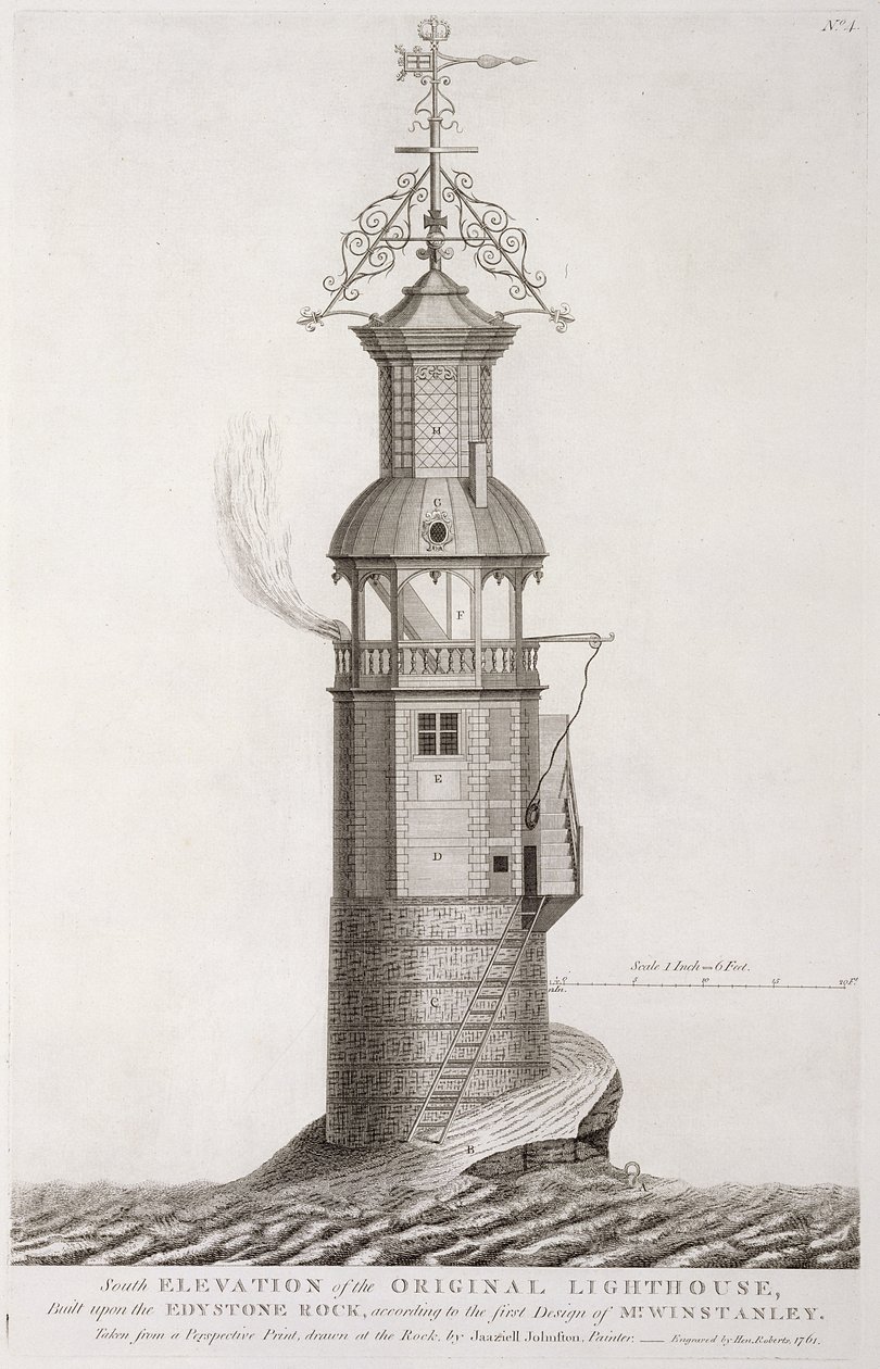 Edystone Lighthouse graverad av Henry Roberts (fl.1761), 1761 av Henry Winstanley