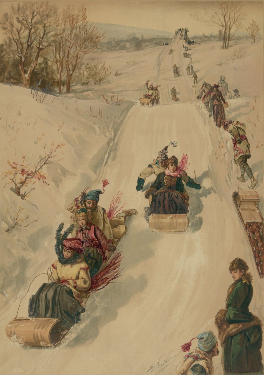 Tobogganing, av L. Prang and Co., 1886 (akvatint) av Henry after Sandham
