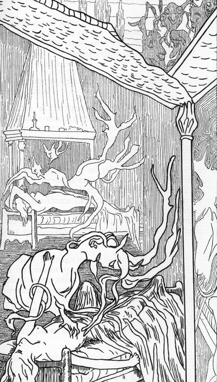 Incubes (änglar dechus av lust, blir demoner och försöker njuta av kvinnor när de drömmer eller är sömniga) och succubes (kvinnliga demoner som njuter av män under sömnen) (incubus och succubus) Teckning av Henry de Malvost från "Satanism and Magic" av Jul av Henry de Malvost