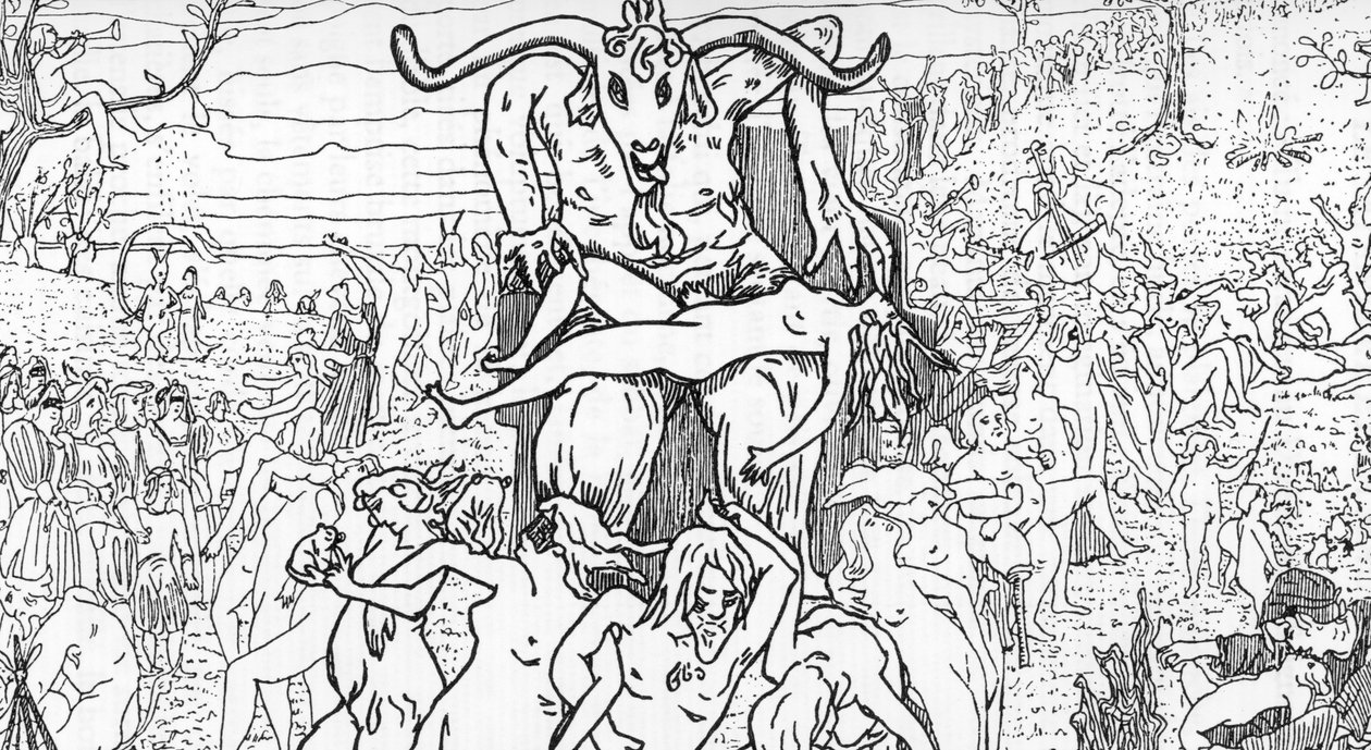 Representation av en sabbatsscen sammansatt av häxor som presiderade av satan som ger upphov till orgier (sabbatssamling) Teckning av Henry de Malvost från "Satanism and magic"" av Jules Bois 1895 Privat samling Â av Henry de Malvost