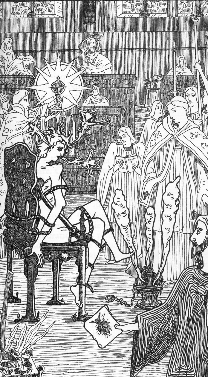 Föreställning av en exorcismceremoni Teckning av Henry de Malvost från "Satanism and Magic" av Jules Bois 1895 Privat samling av Henry de Malvost