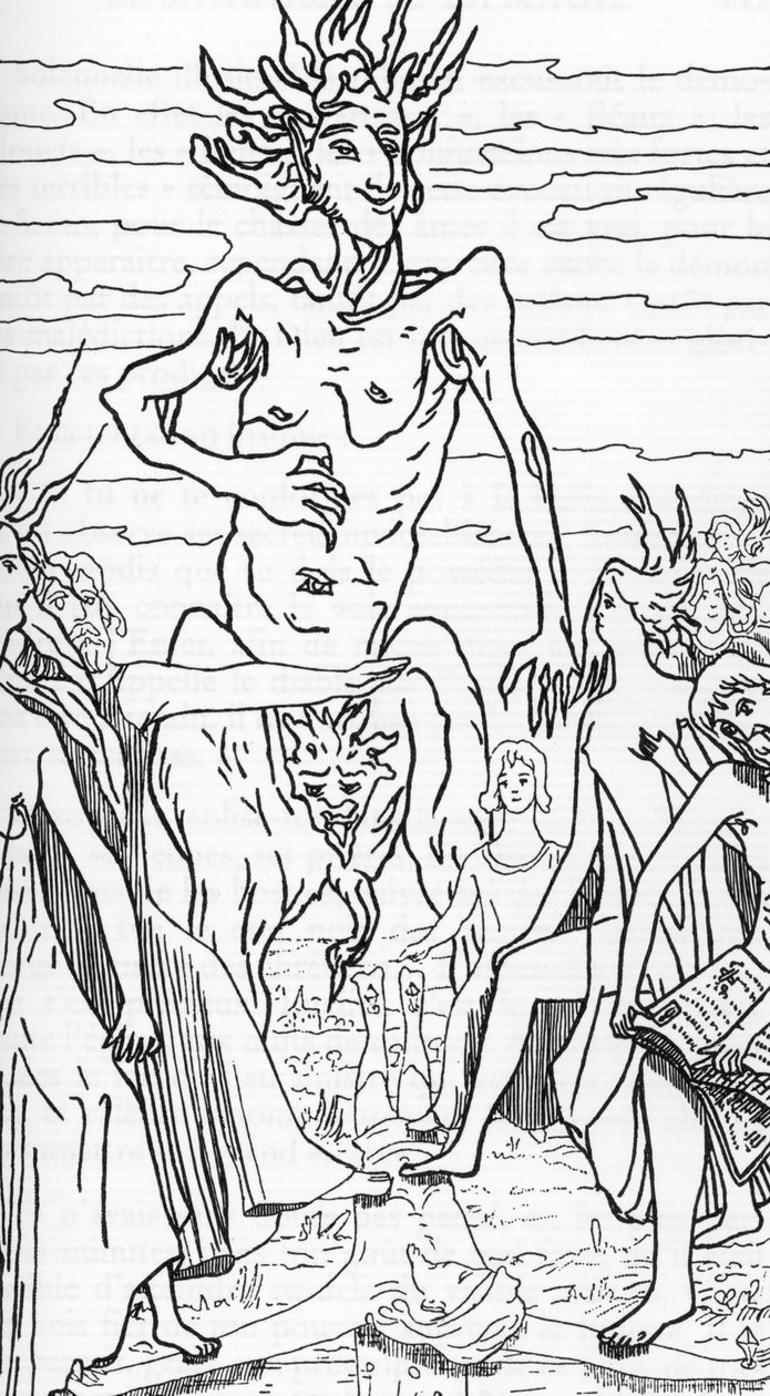 Satans anhängare trampar Kristus Teckning av Henry de Malvost från "Satanism and magic" av Jules Bois 1895 Privat samling av Henry de Malvost