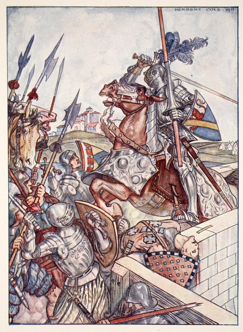 Bayard försvarar bron, illustration från "Bayard: Den gode riddaren utan rädsla och utan klander" av Christopher Hare, pub. 1911 av Herbert Cole