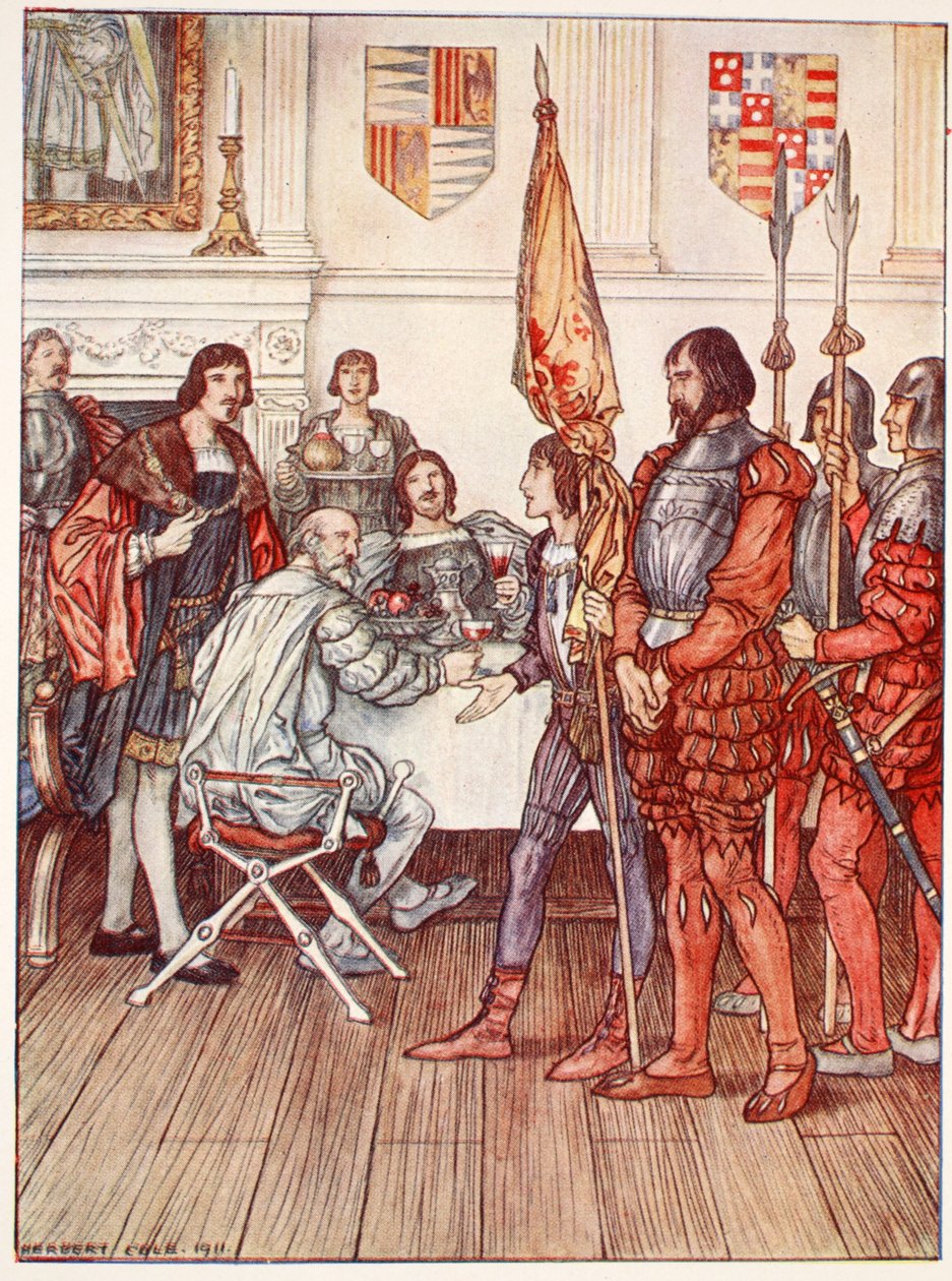 The Page presenterar hans fånge, illustration från "Bayard: The Good Knight Without Fear and Without Reproach" av Christopher Hare, pub. 1911 av Herbert Cole