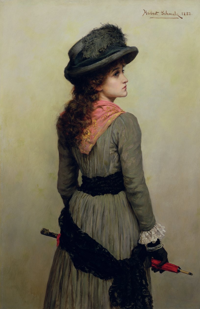 Denise - porträtt av ung flicka med ett rött paraply, 1885 av Herbert Gustave Schmalz