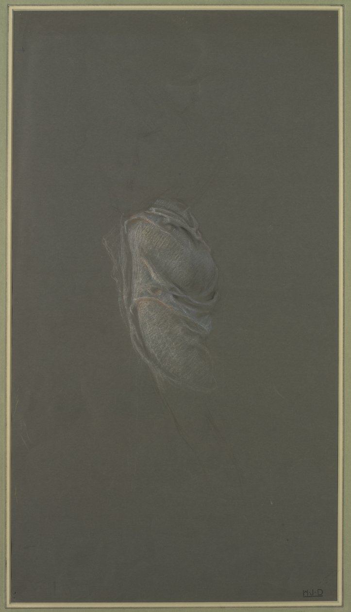Draperiestudie för "Day and the Dawnstar" (rosa, blå, svart och vit krita på grått papper) av Herbert James Draper