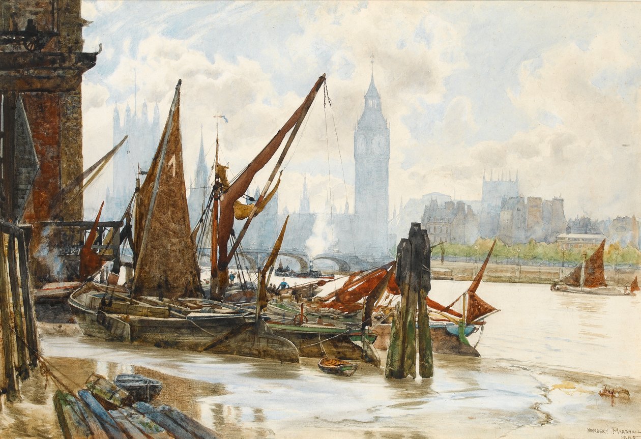 Westminster från South Bank, 1885 (wc på papper) av Herbert Menzies Marshall