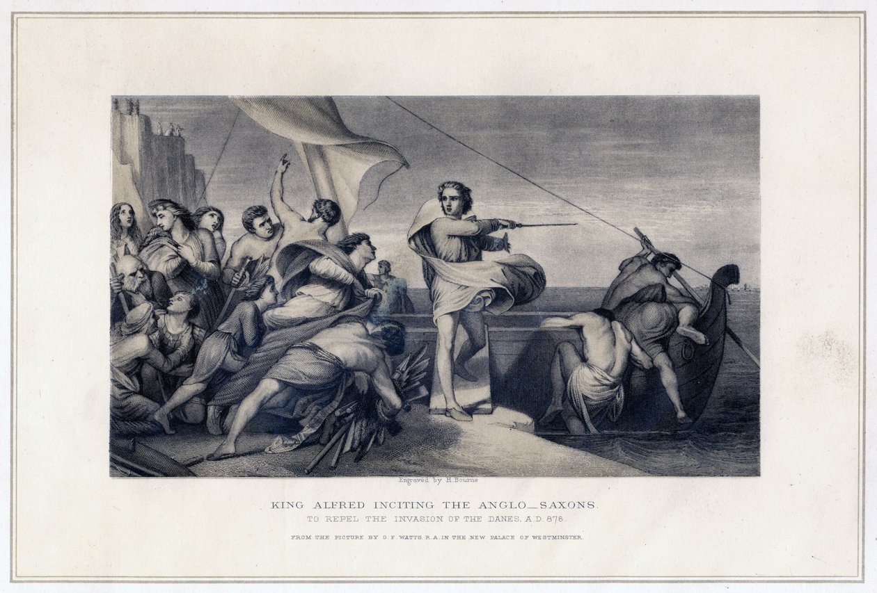 Kung Alfred hetsar anglosaxarna att avvärja invasionen av danskarna, 896, c1847 av Herbert Bourne