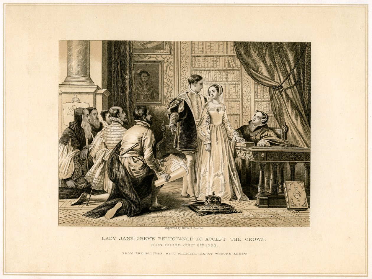 Lady Jane Grays ovilja mot att acceptera kronan, 1800-talet av Herbert Bourne