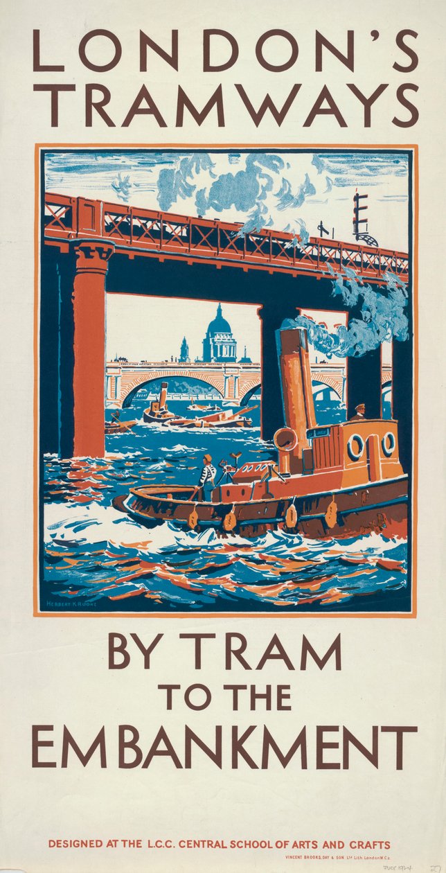 "By Tram to the Embankment", London County Council LCC Tramways affisch, 1924 av Herbert Kerr Rooke