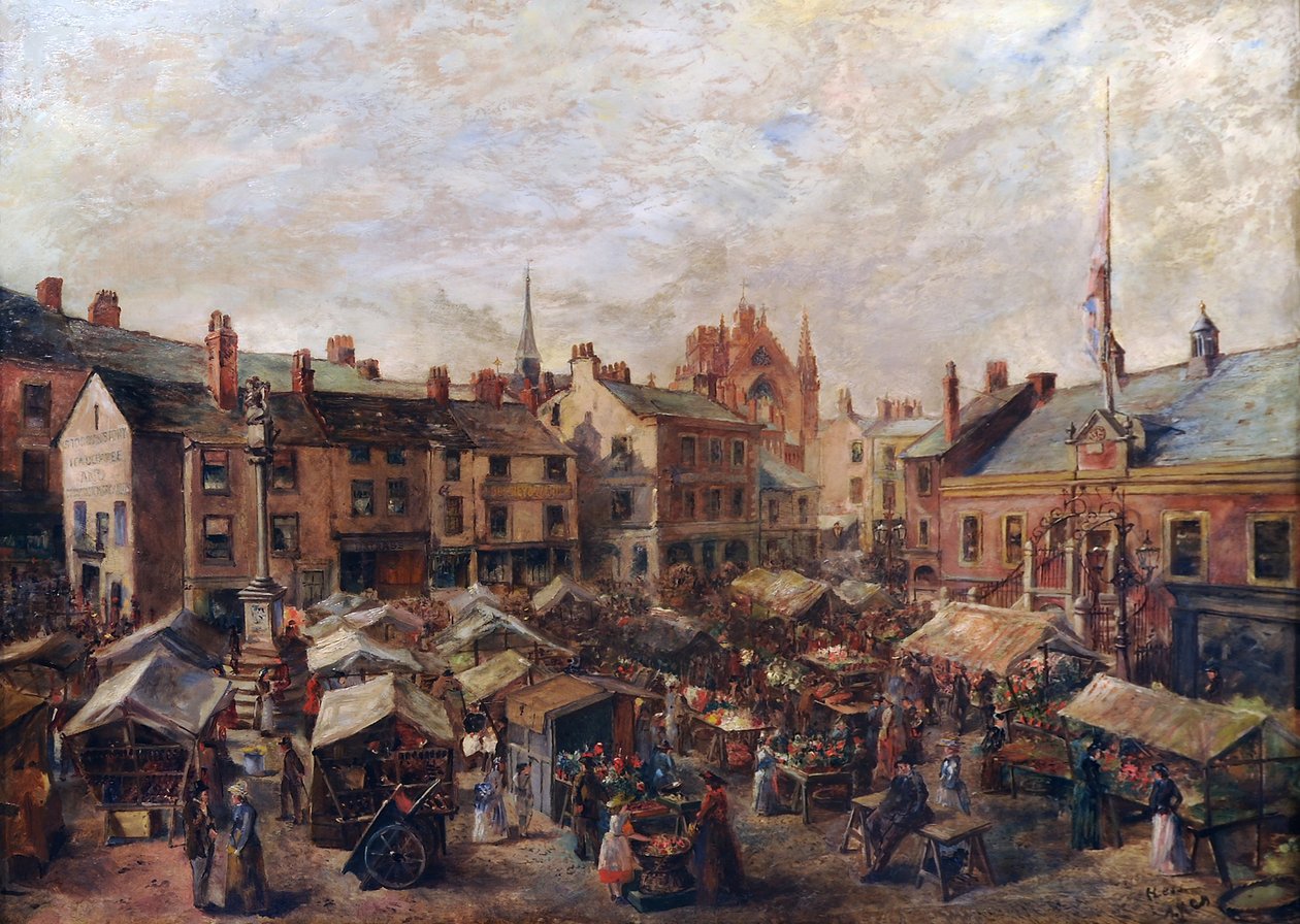 Carlisle Market Place framför det gamla rådhuset, 1870-80 av Herbert Lees