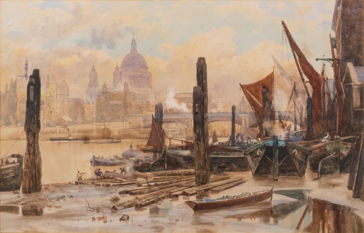 Förtöjda pråmar från Themsen; St Pauls och Blackfriars Bridge på avstånd av Herbert Menzies Marshall