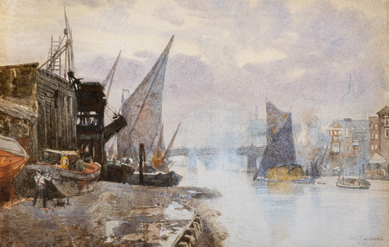 Sjöfart på Themsen vid Bankside, ca 1884 (akvarell) av Herbert Menzies Marshall