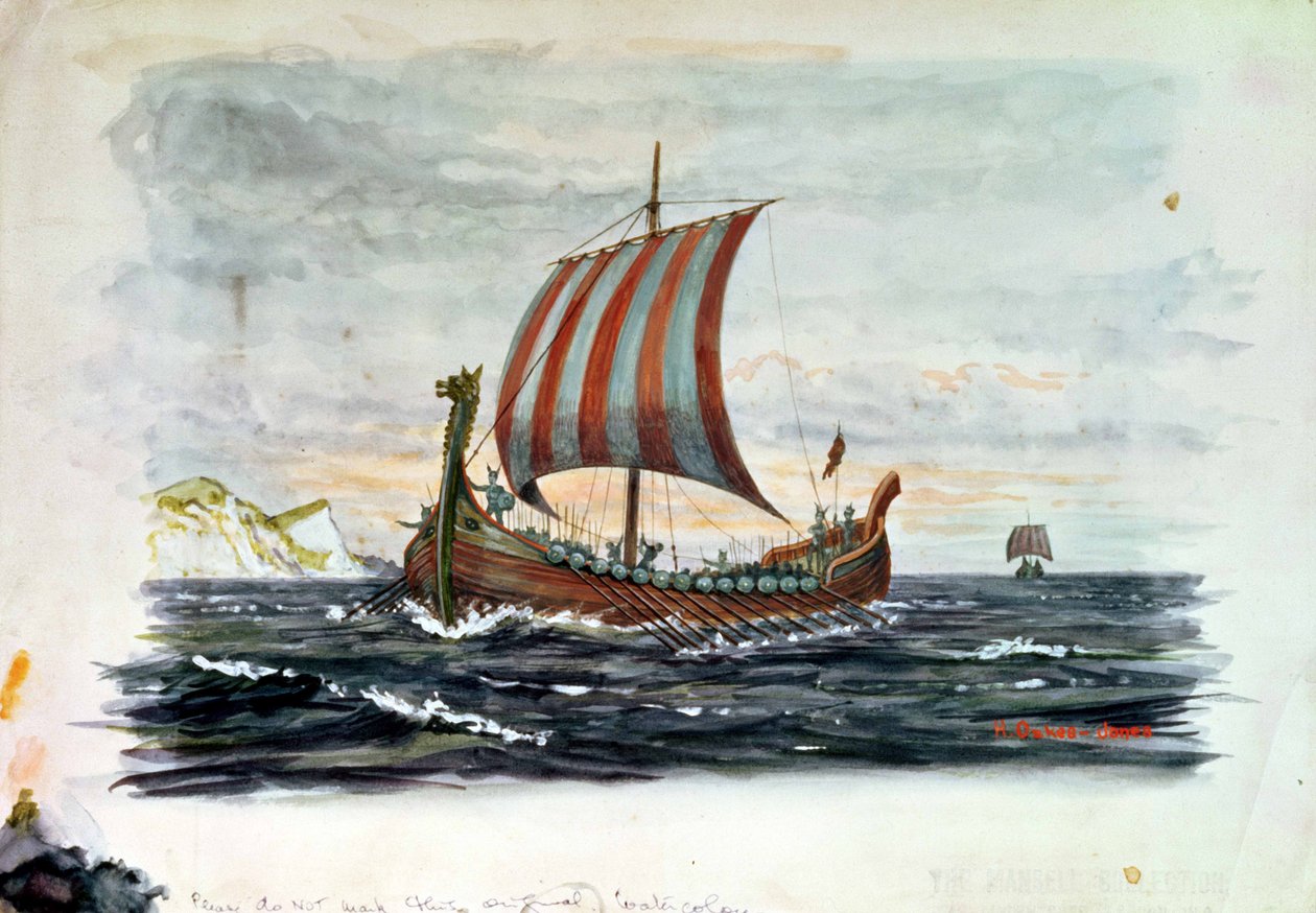 Vikingaskepp (akvarell) av Herbert Oakes Jones