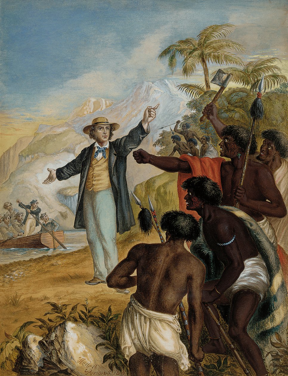 En skotsk missionär som kom iland konfronterad med stridande maorier, 1868 av Herbert Parsons