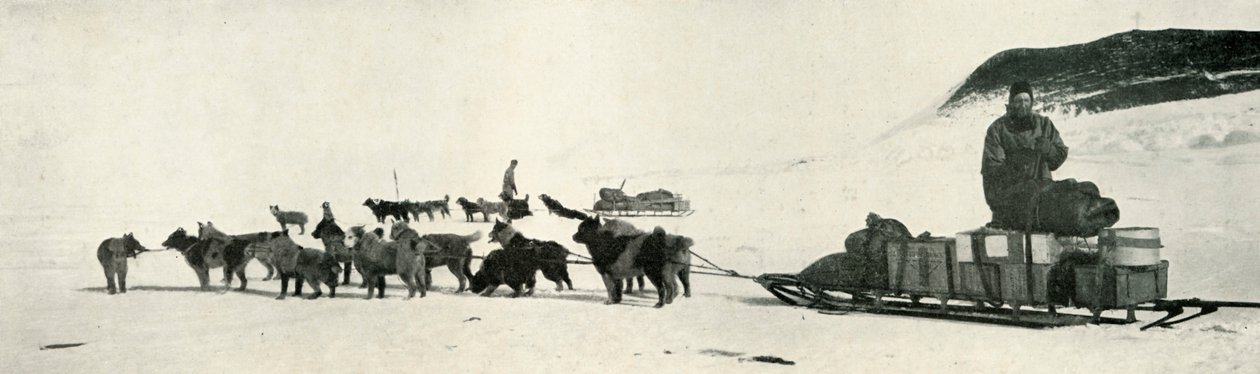 Meares och Demetri med deras hundspann lämnar Hut Point, c1911, 1913 av Herbert Ponting