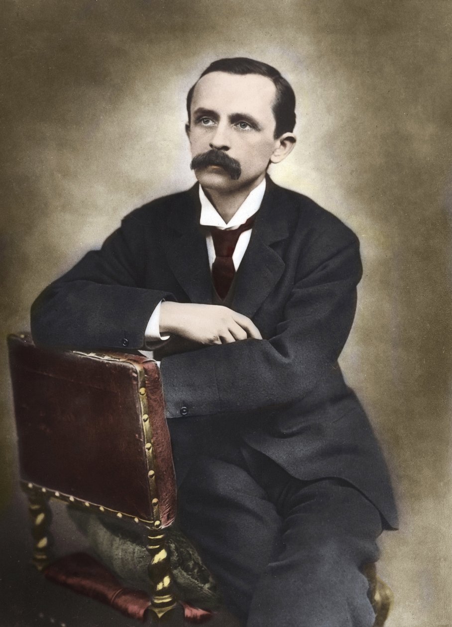 Porträtt av J.M.Barrie fotograferat av Barraud 1893 - James Matthew Barrie (1860-1937), skotsk författare, skapare av Peter Pan - färgfotografi. av Herbert Rose Barraud