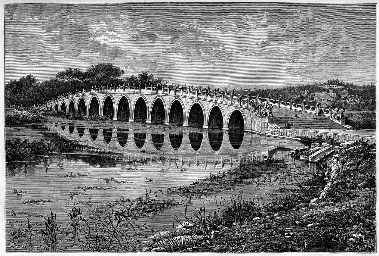 Bro med 17 valv på sjön Kunming vid Ete-palatset nära Pekin på 1800-talet. Gravyr efter en teckning av Catenacci, efter ett fotografi av Thomson, i "" Le Tour du Monde, Nouveau journal des Voyages", redigerad av Edouard Charton, Paris av Hercule (after) Catenacci