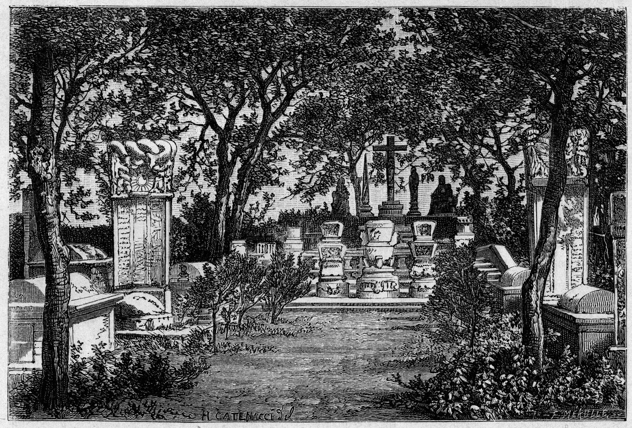Sepulturer av jesuiten Matteo Ricci (1552-1610) och Adam Schall von Bell (1592-1666) i Pekin (Peking) åren 1870. Gravyr efter en teckning av Catenacci, efter ett fotografi av Thomson, i "" Le Tour du Monde , Nouveau journal des Voyages””, redigerad av av Hercule (after) Catenacci