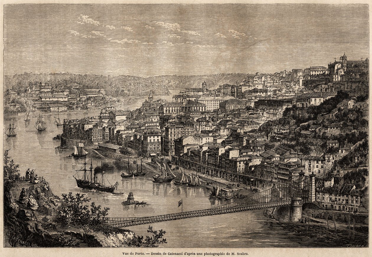 Vy över Porto, teckning av Catenacci, för att illustrera Olivier Mersons resa till Portugals norra provinser 1857. Gravyr i ”” Le tour du monde”” 1861. Selvas samling. av Hercule (after) Catenacci