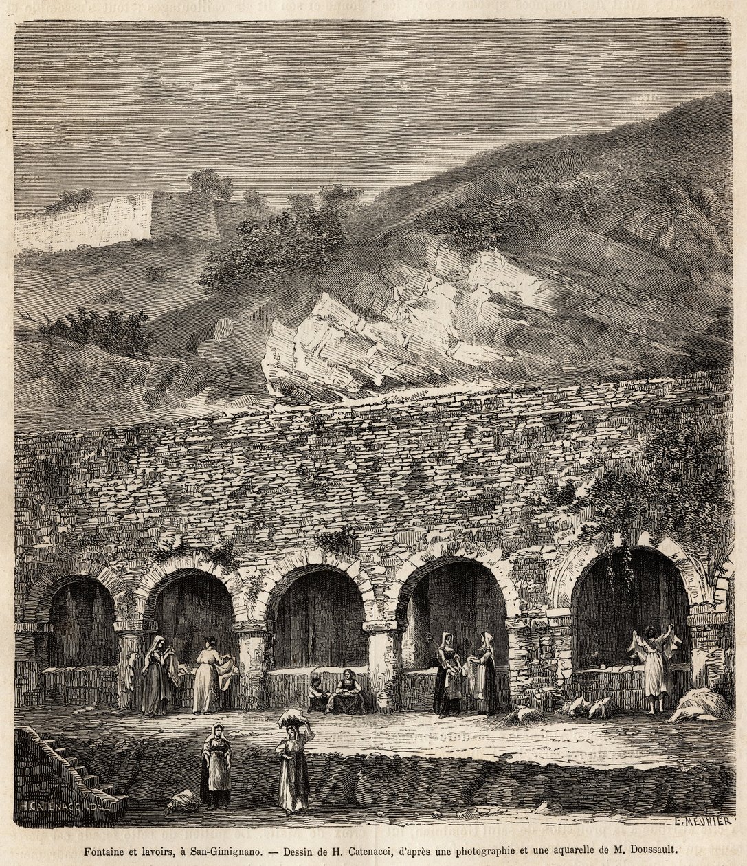 Kvinnor vid fontänen och tvättmöjligheter i San Gimignano (Toscana, Italien). Gravyr efter H.Catenaccis teckning, för att illustrera resan till Toscana och Umbrien, av Francis Wey, 1875, publicerad i "" Le tour du monde""" 1876, redigerad av Edouard Cha av Hercule (after) Catenacci