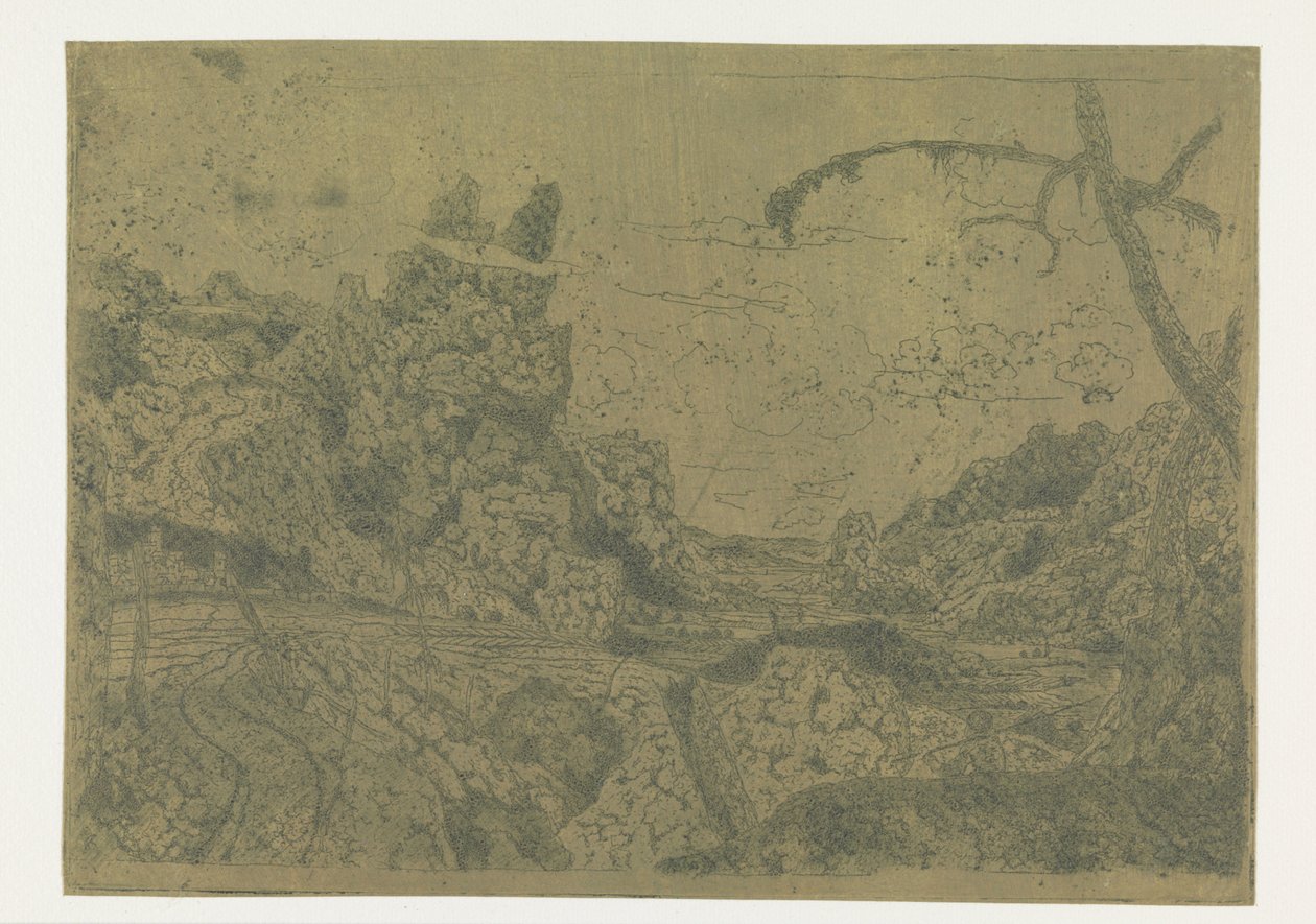 Mountain Valley, till höger en man som bär en pinne av Hercules Segers
