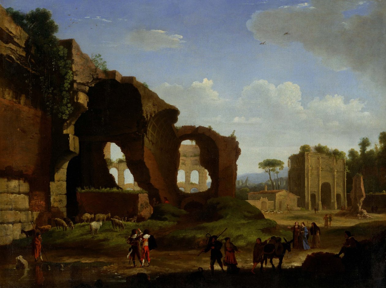 En romersk utsikt över ruinerna av Venustemplet och Rom med Colosseum och Konstbågen ... av Herman van Swanevelt