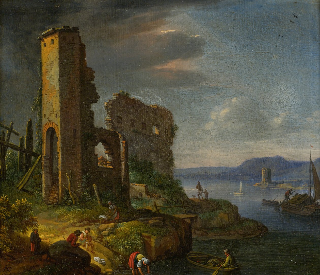 Flusslandschaft mit Ruinen, Booten und Figuren av Herman Saftleven