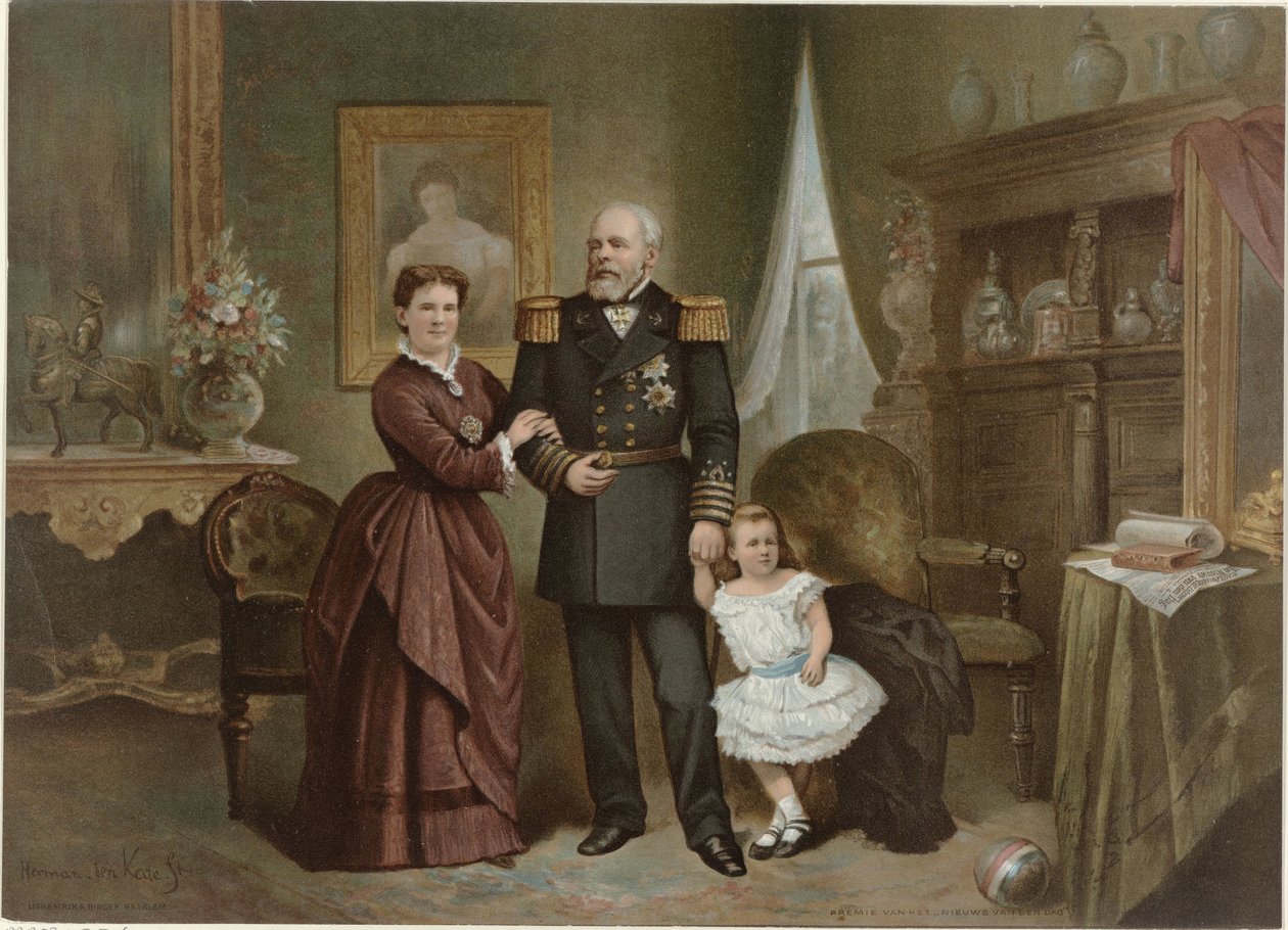 Porträtt av Vilhelm III, kung av Nederländerna, Emma, ​​Nederländernas drottningregent och Wilhelmina, Nederländernas drottning av Herman Frederik Carel ten Kate