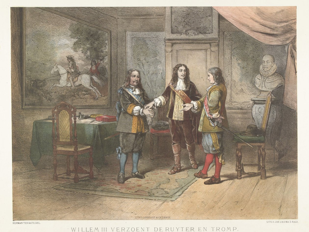 Prins William III försonar Michiel de Ruyter och Cornelis Tromp, 1673 Willem III försonar de Ruyter och Tromp (titel på objekt) av Herman Frederik Carel ten Kate