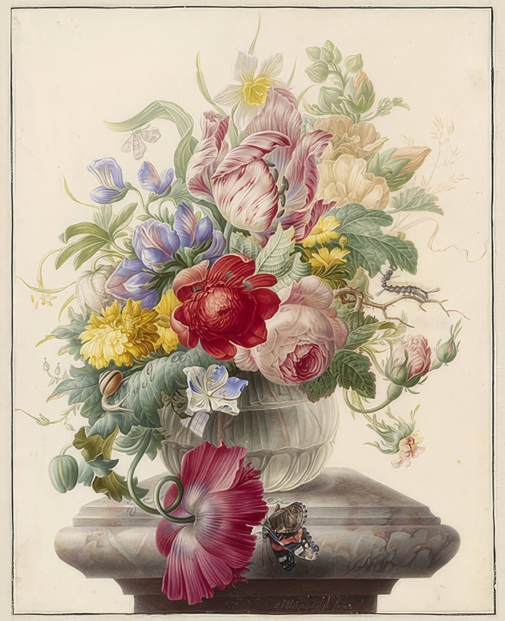 Blommor i en glasvas och en fjäril. Omkring 1700 av Herman Henstenburgh