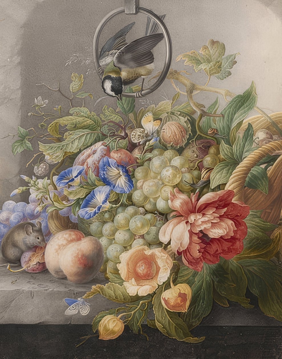 Stilleben med blommor, frukter, talgoxen och en mus. Runt 1700-10 av Herman Henstenburgh