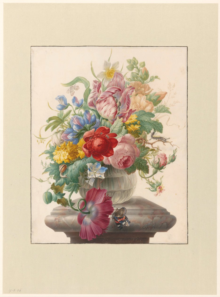 Blommor i en glasvas med en fjäril Bloemen in vaas mötte Atalanta av Herman Henstenburgh