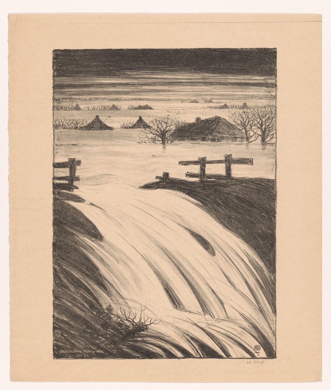 Översvämning av Maas och Waal Jan. 1926 (originaltitel på objekt) av Herman Heuff (signed by artist)
