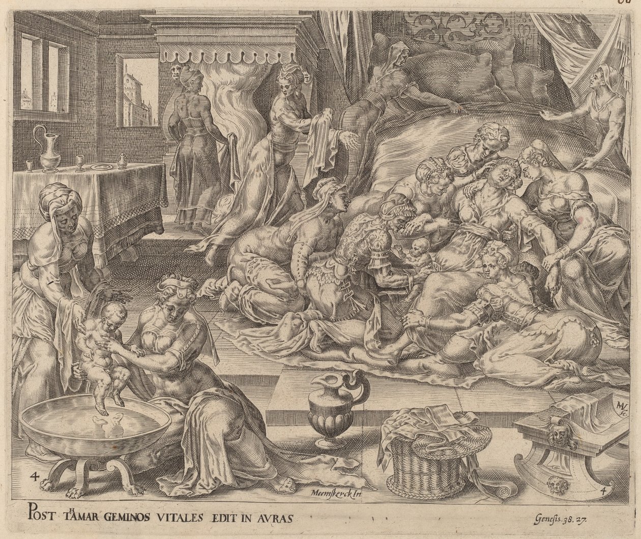 Pharez och Zaras födelse av Herman Jansz Muller after Maerten van Heemskerck