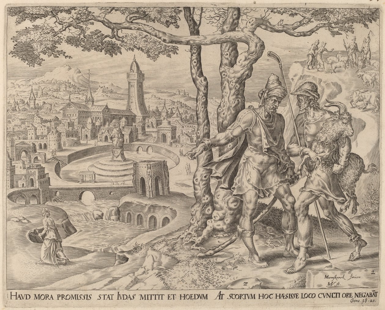 Adullamiten Hirah med ungen av Herman Jansz Muller after Maerten van Heemskerck