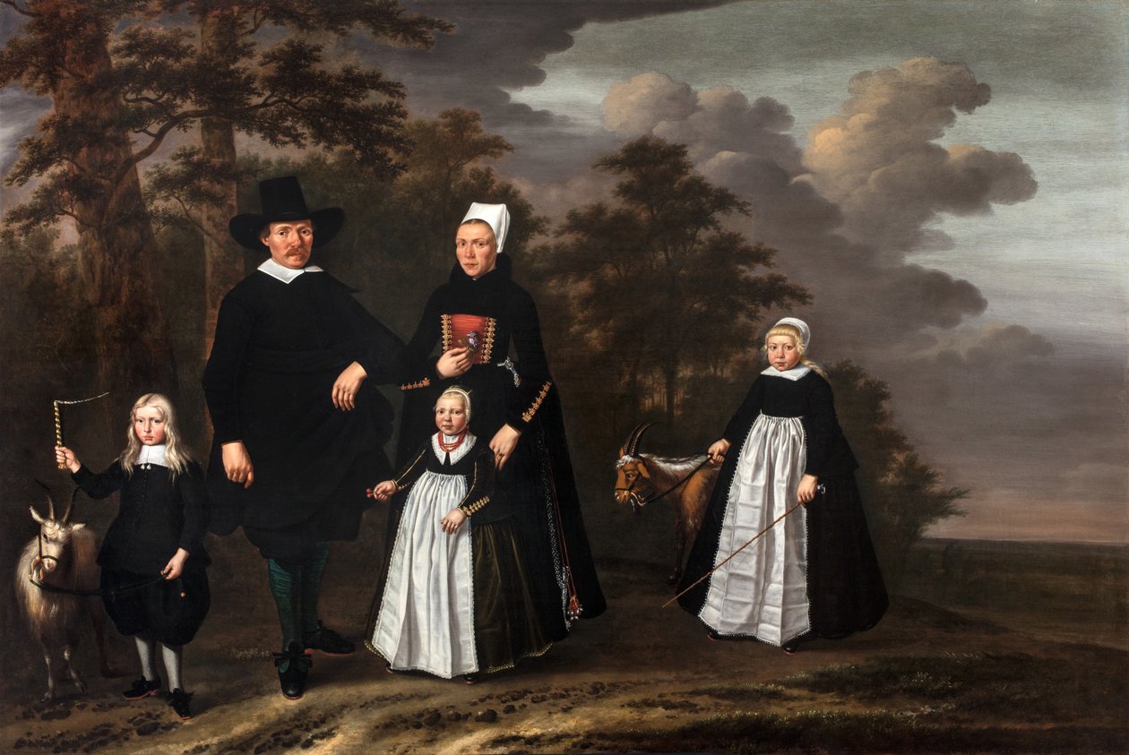 Familjegrupp från Enkhuizen med två getter i ett skogslandskap av Herman Mijnerts Doncker
