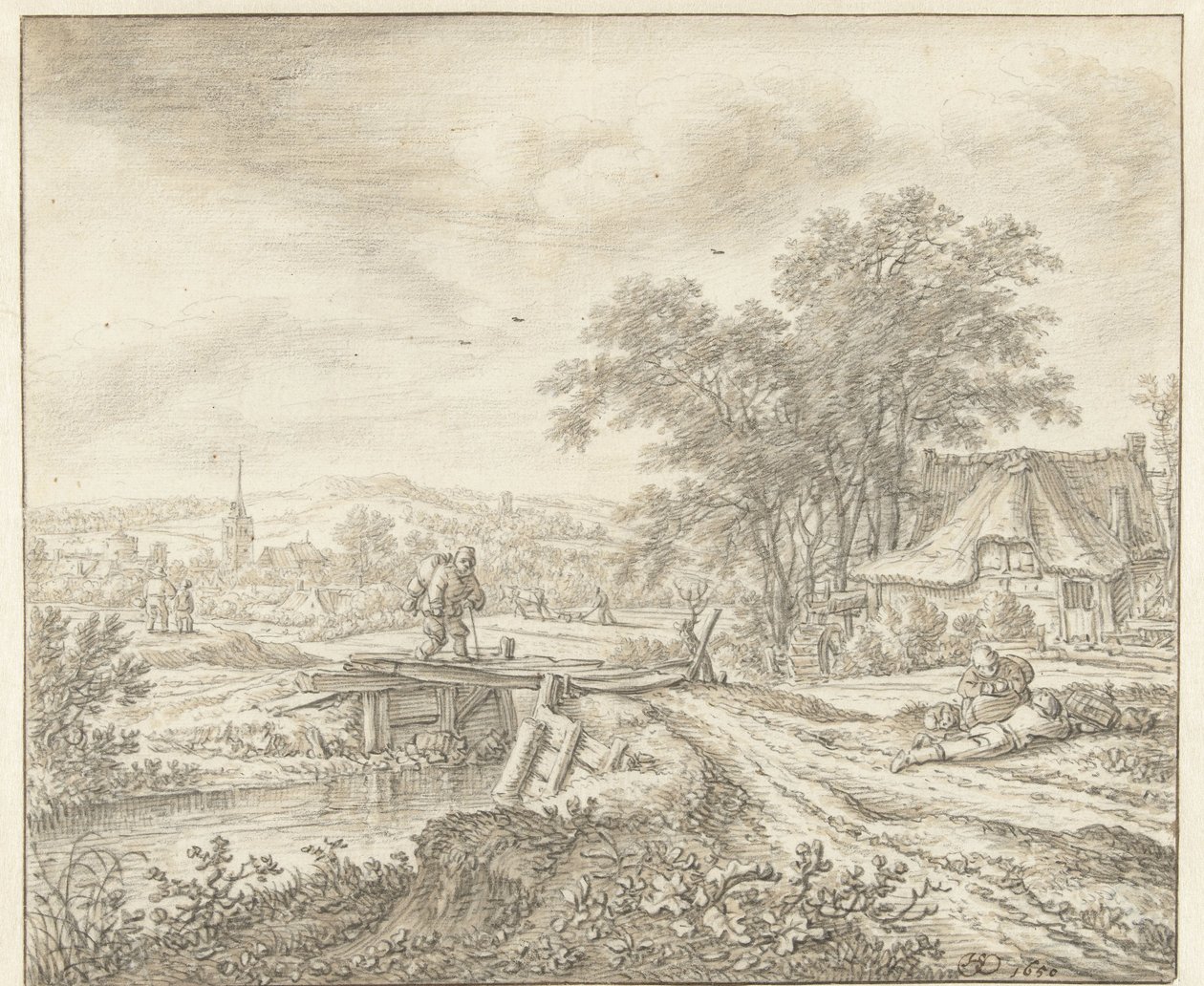 Kuperat landskap med en gård nära en bro av Herman Saftleven