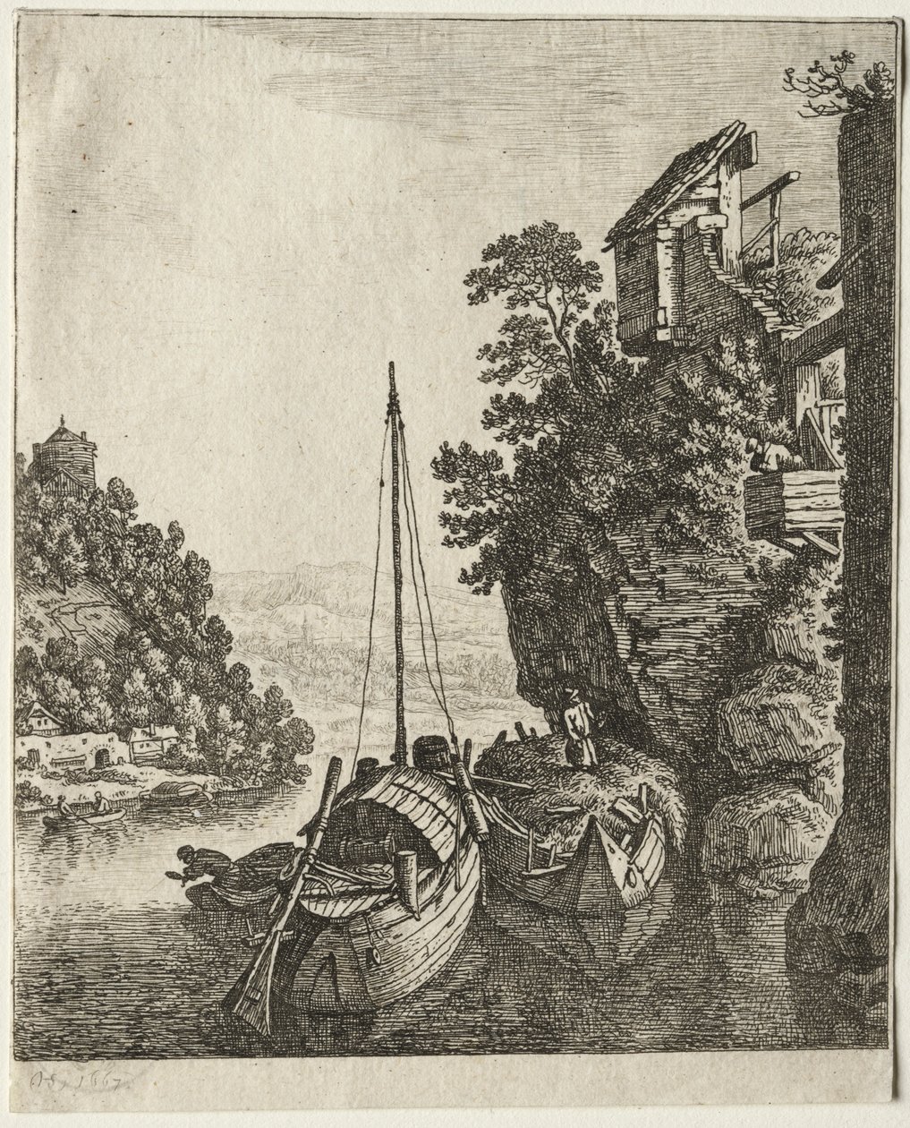Två båtar förtöjda under en sten, 1667. av Herman Saftleven