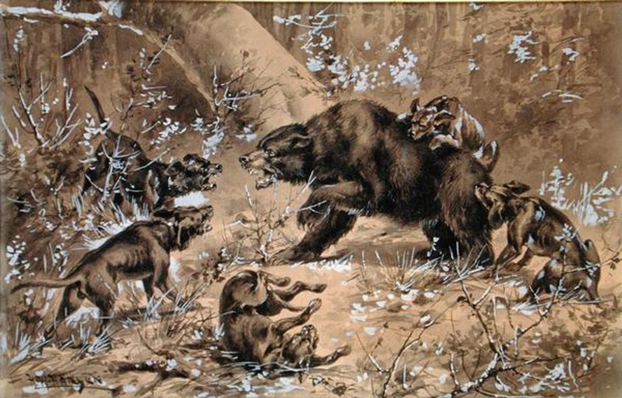 Bear Hunt (akvarell och kinesiskt vitt på papper) av Herman Wendleborg Hansen