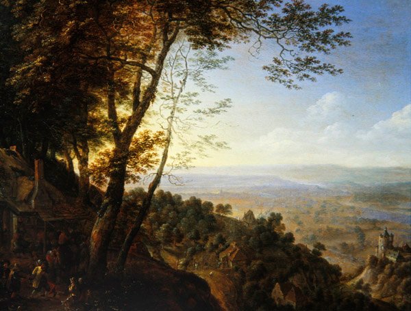 Ett skogslandskap med bönder vid en stuga (olja på panel) av Herman the Younger Saftleven