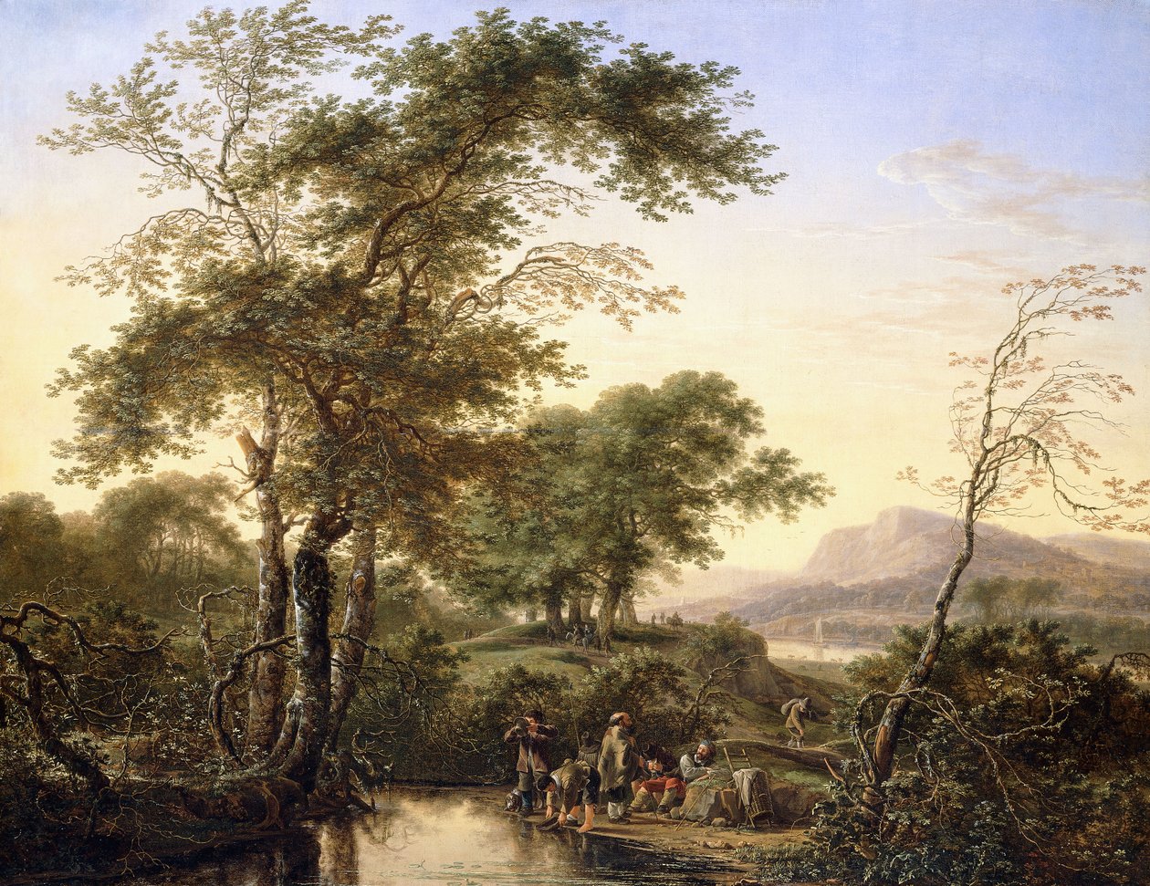 Ett omfattande italienskt flodlandskap med resenärer vid en pool, 1646 av Herman the Younger Saftleven