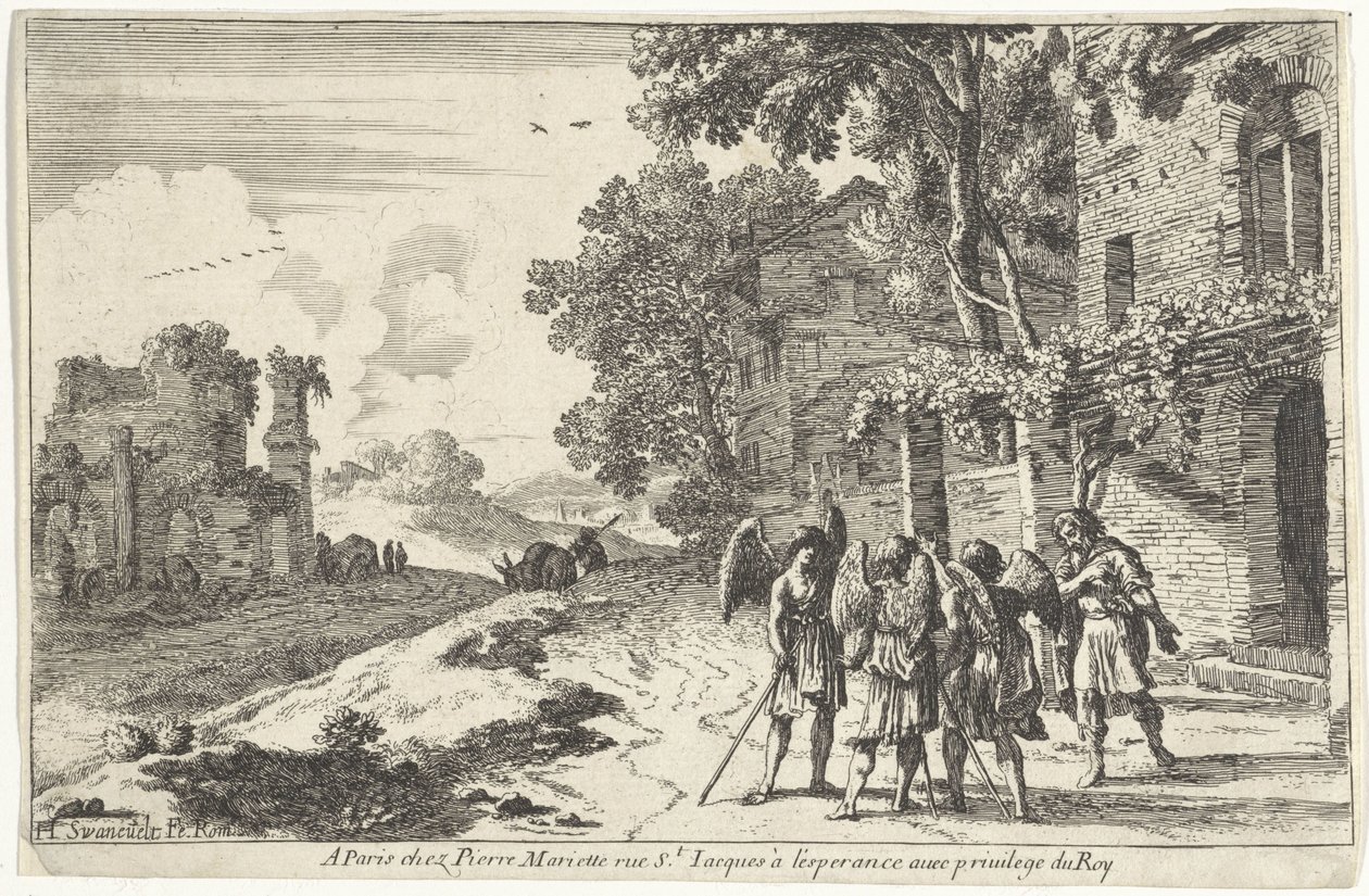 Abraham tar emot de tre änglarna Gamla testamentets scener (serietitel) av Herman van Swanevelt
