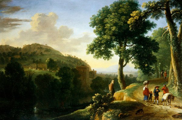 Ett italienskt landskap med resande och en åsna, ca 1640 (olja på duk) av Herman van Swanevelt