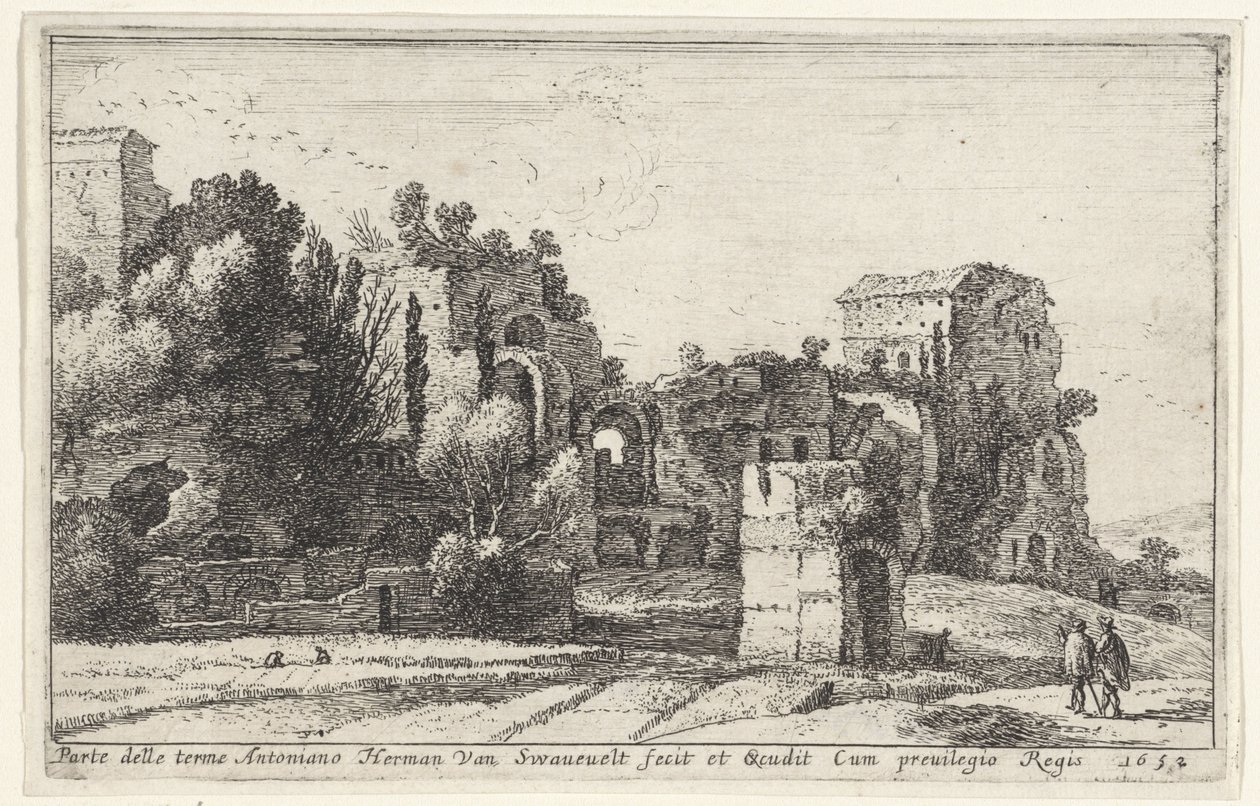 Utsikt över Caracalla-baden Parte delle terme Antoniano (titel på objekt) Titelsida och tolv vyer av Rom och dess omgivningar (serietitel) Diverse veuës dedans et dehors de Rome (serietitel) av Herman van Swanevelt